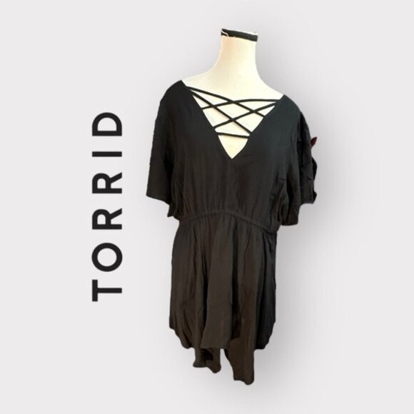 Women’s Torrid 0 Black Mini Challis Skater Dress Strappy Back 12 Large - Picture 2 of 14